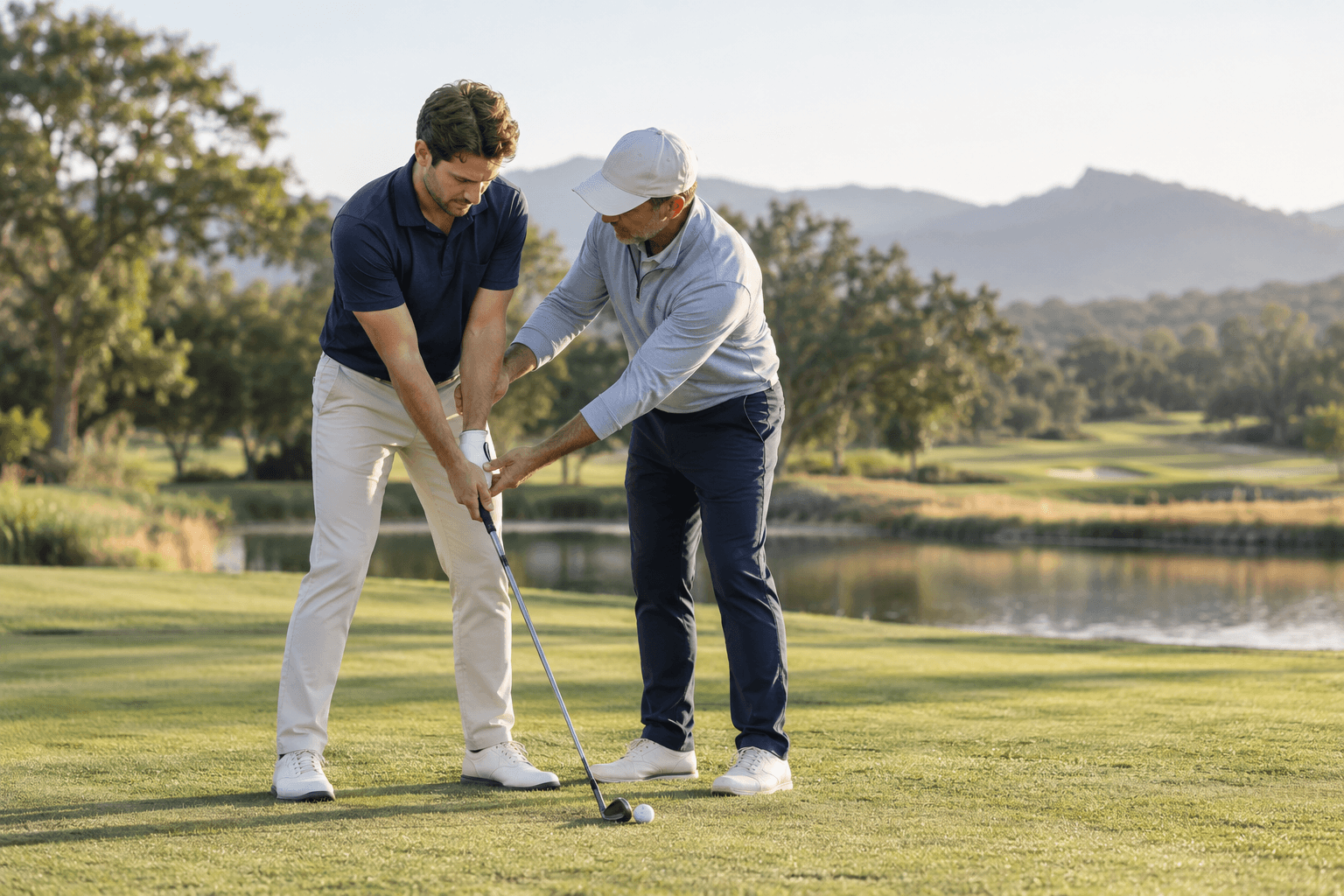 Un instructor de golf corrige el agarre del palo a un alumno durante una clase individual